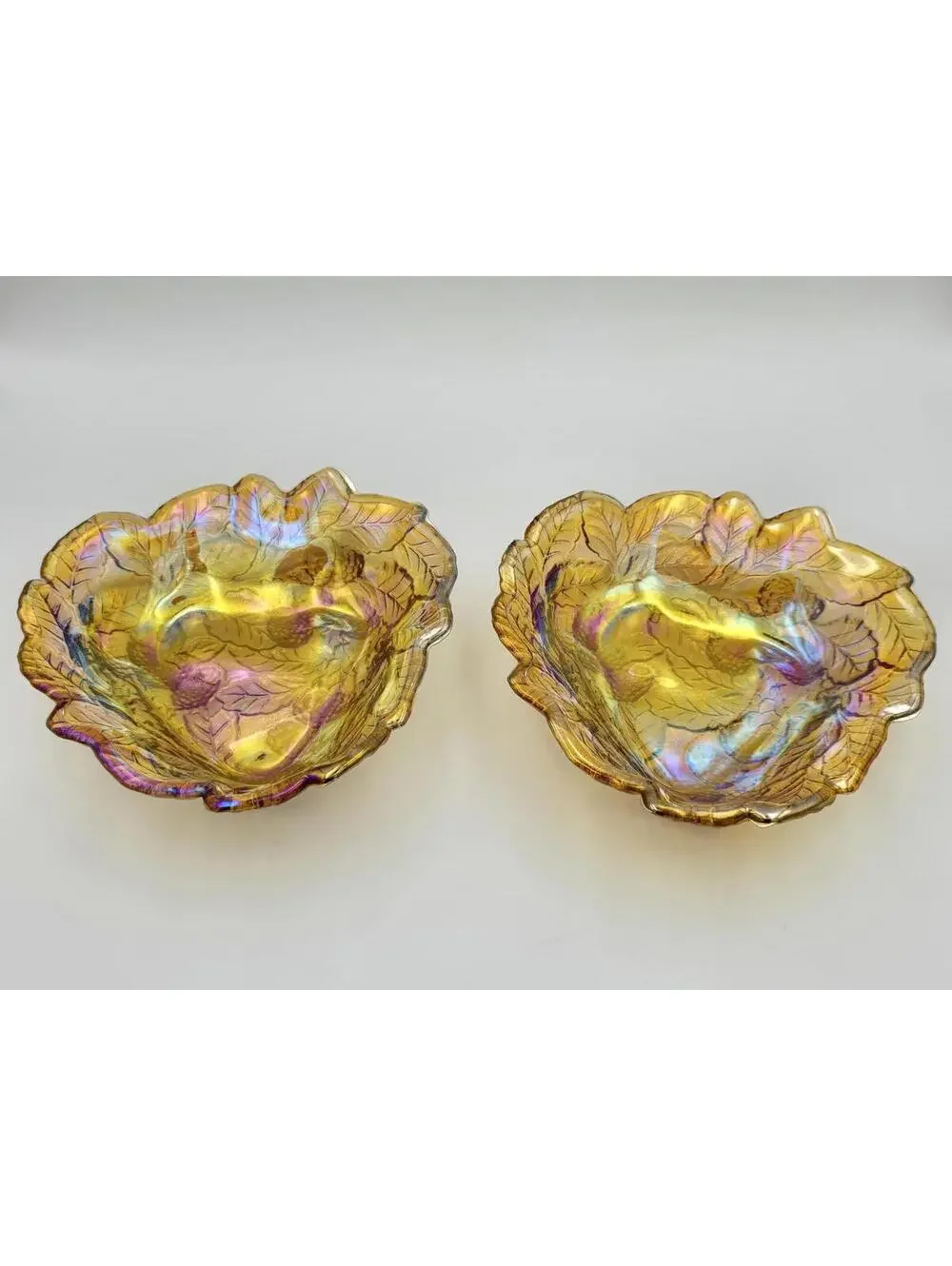 Vintage Indiana Glass Amber Carnival Glass Leaf Bowls Set of 2 1970s